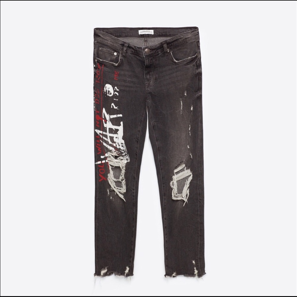 Zara Graffiti ripped Dark Gray Distressed Jean Sz6